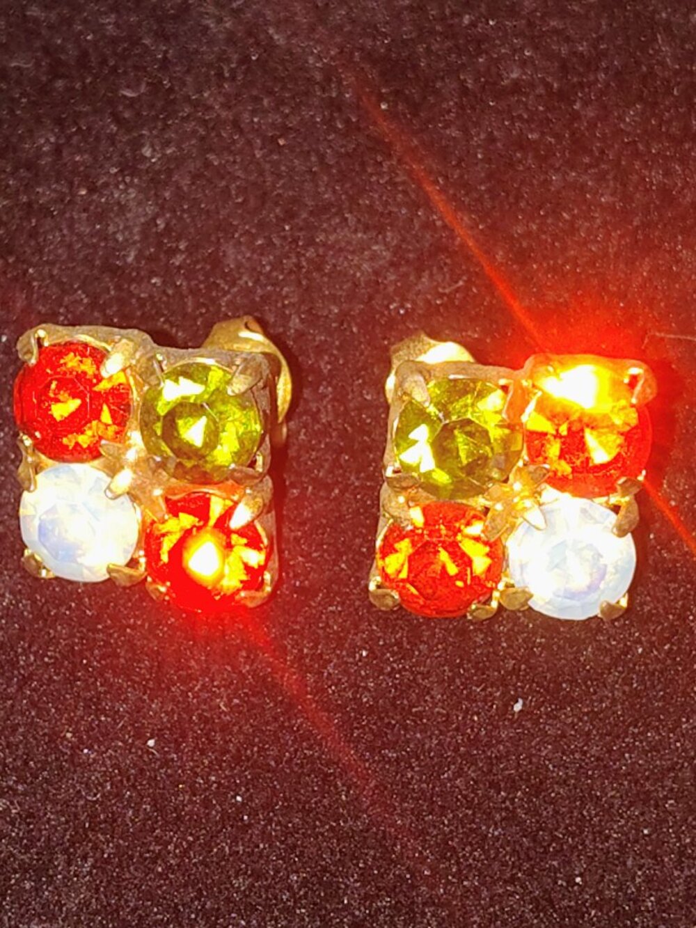 Vintage Multi‑Stone Square Cluster Earrings – Gold‑Tone – 0.5"